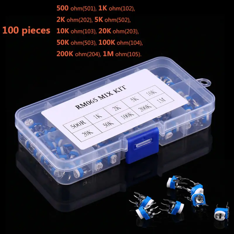 Pack of 100 Rheostat Trimpot Trimmer Potentiometer Set 500 1000 2000 5000 10000 20000 50000 100000 200000 1000000 ohms