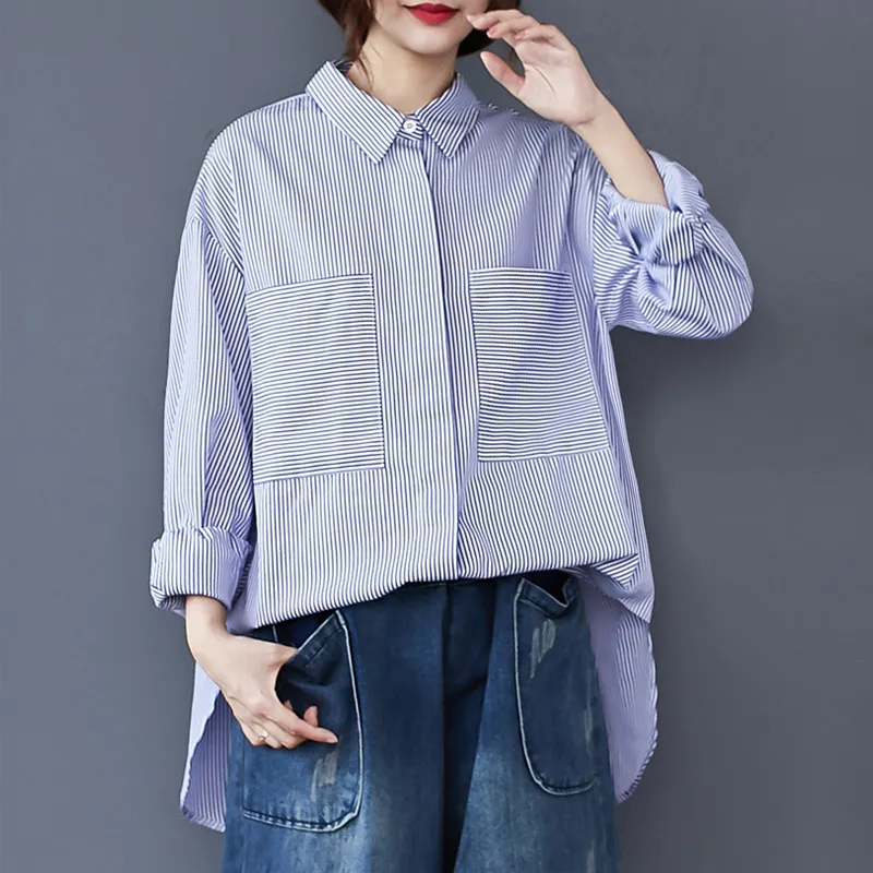 

SuperAen Pocketed Asymmetrical Striped Long-sleeved Shirts for Women 2026 Spring and Autumn New Fashion Loose Mid-length Shirts