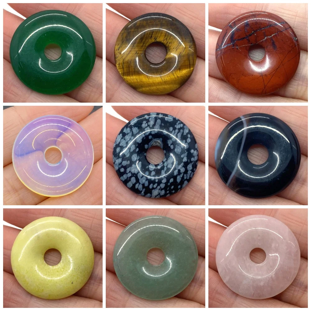 

25mm Circular Natural Stone Pendants Polished Tiger Eye Stone Opal Single Hole Loose Bead DIY Peace Knot Necklace Accessory 1pc