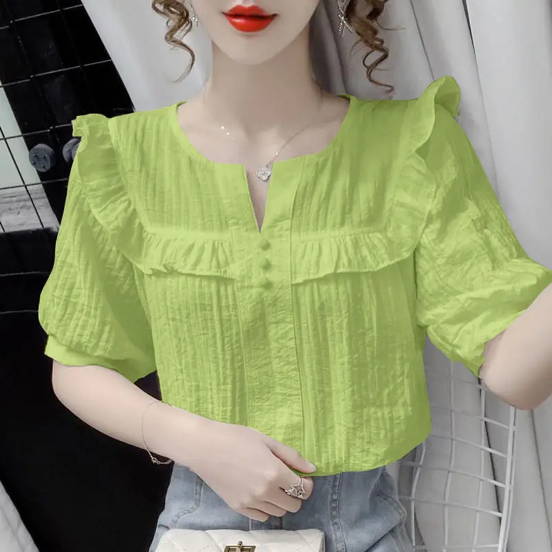 Sweet O-Neck Spliced Solid Color Short Sleeve Ruffles Blouses Female Clothing 2024 Summer New Loose Casual Tops Korean Shirts