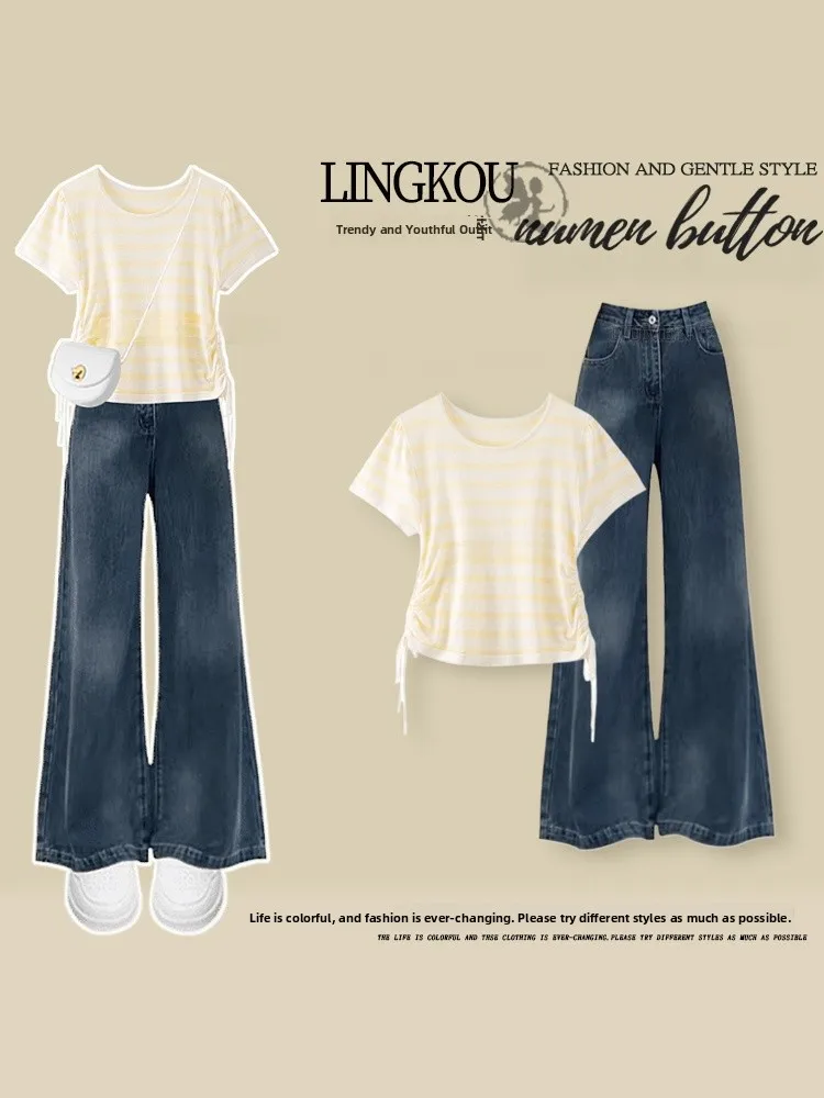 

Летний комплект для женщин больших размеров: футболка и широкие джинсы с круглым вырезом и завязками, винтажный стиль, комплект из двух предметов