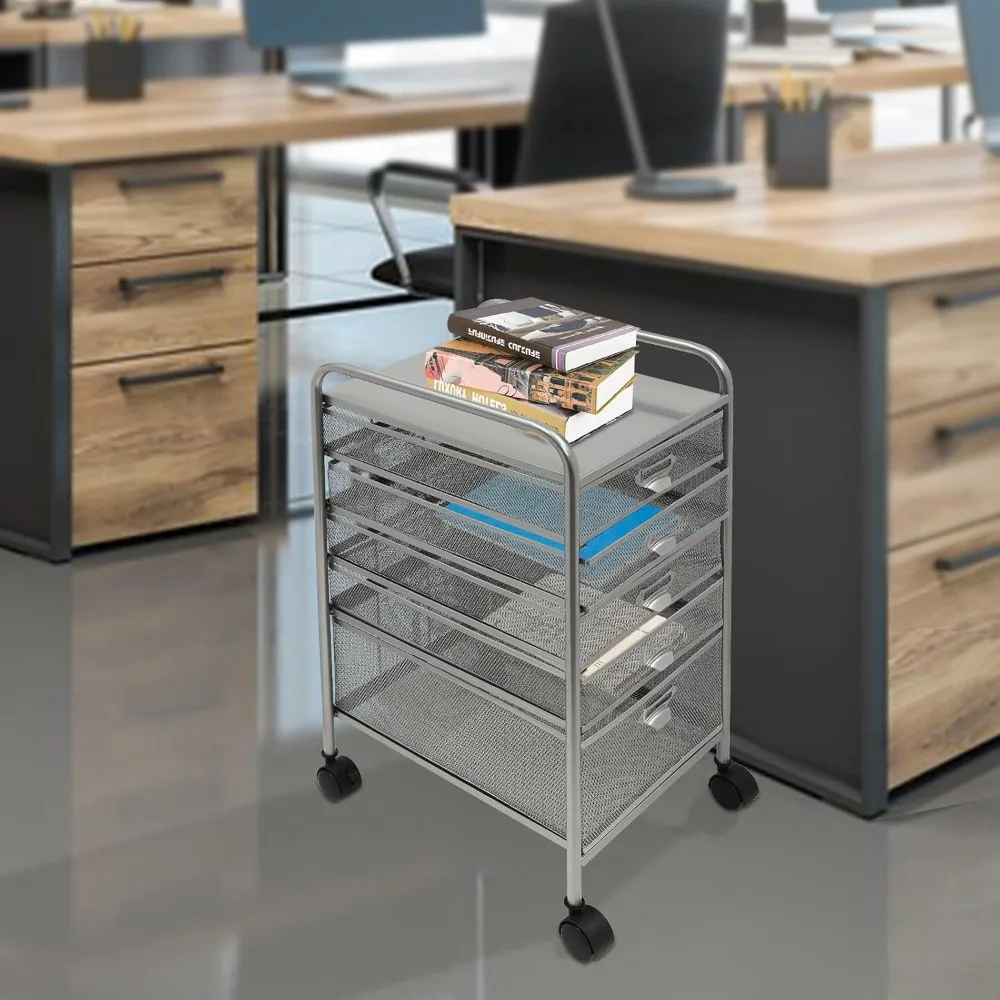 

Rolling File Cabinet with 5 Drawers Craft Cart Organizer with four 360° swivel Wheels Freestanding Office Supplies Storage