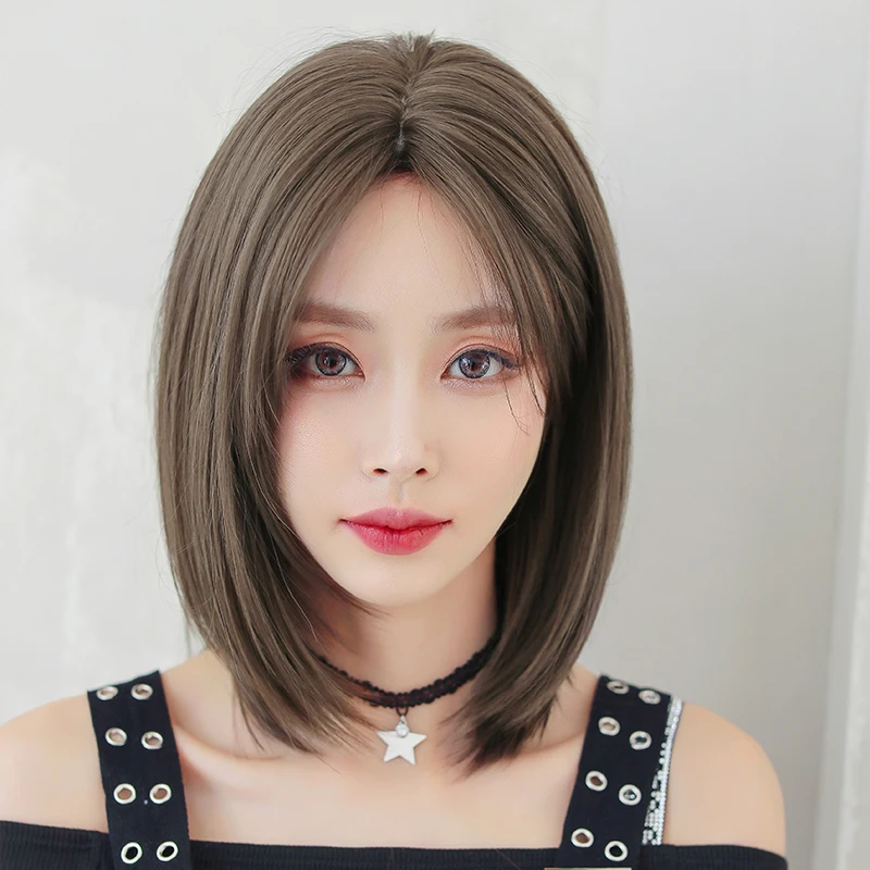 

NAMM Short Straight Middle Part Cool Brown Bob Wig for Women Daily Use High Density Synthetic Layered Hair Wigs Curtain Bangs