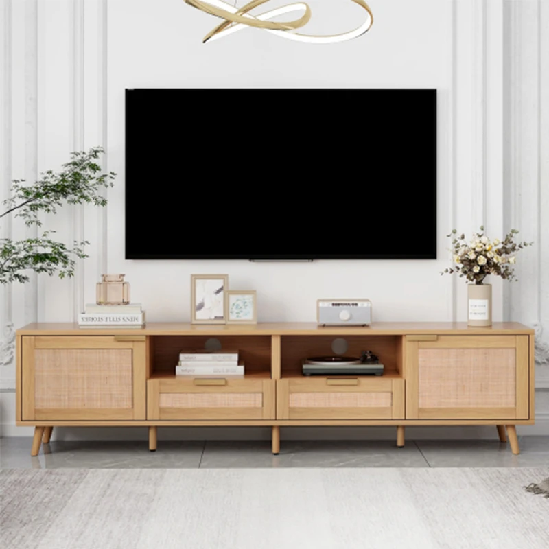 Rattan TV Stand for TVs up to 85'', Modern Farmhouse Media Console, Entertainment Center with Solid Wood Legs, TV Cabinet