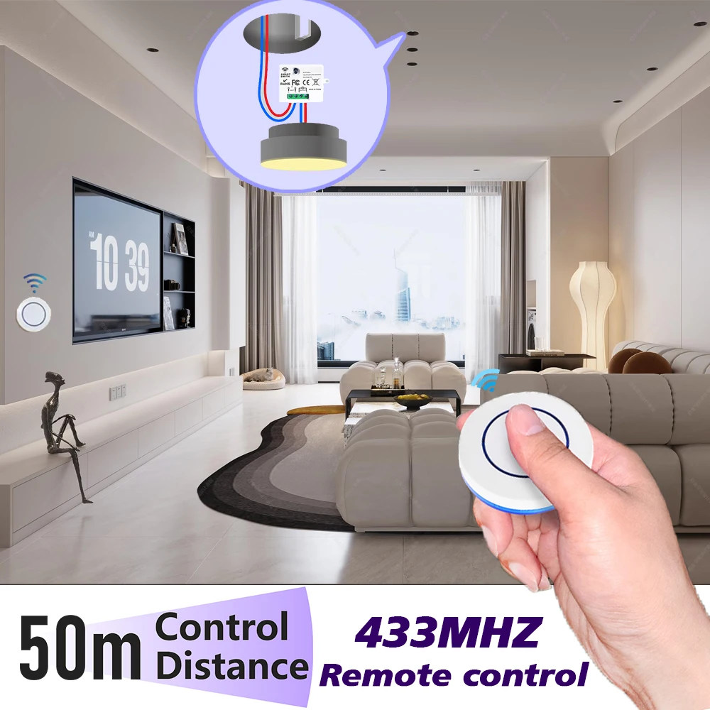 Wireless Remote Control Light Switch RF433MHz 10A 220V 110V Relay Receiver Mini Round Button Wall Panel Switch for Home LED Lamp