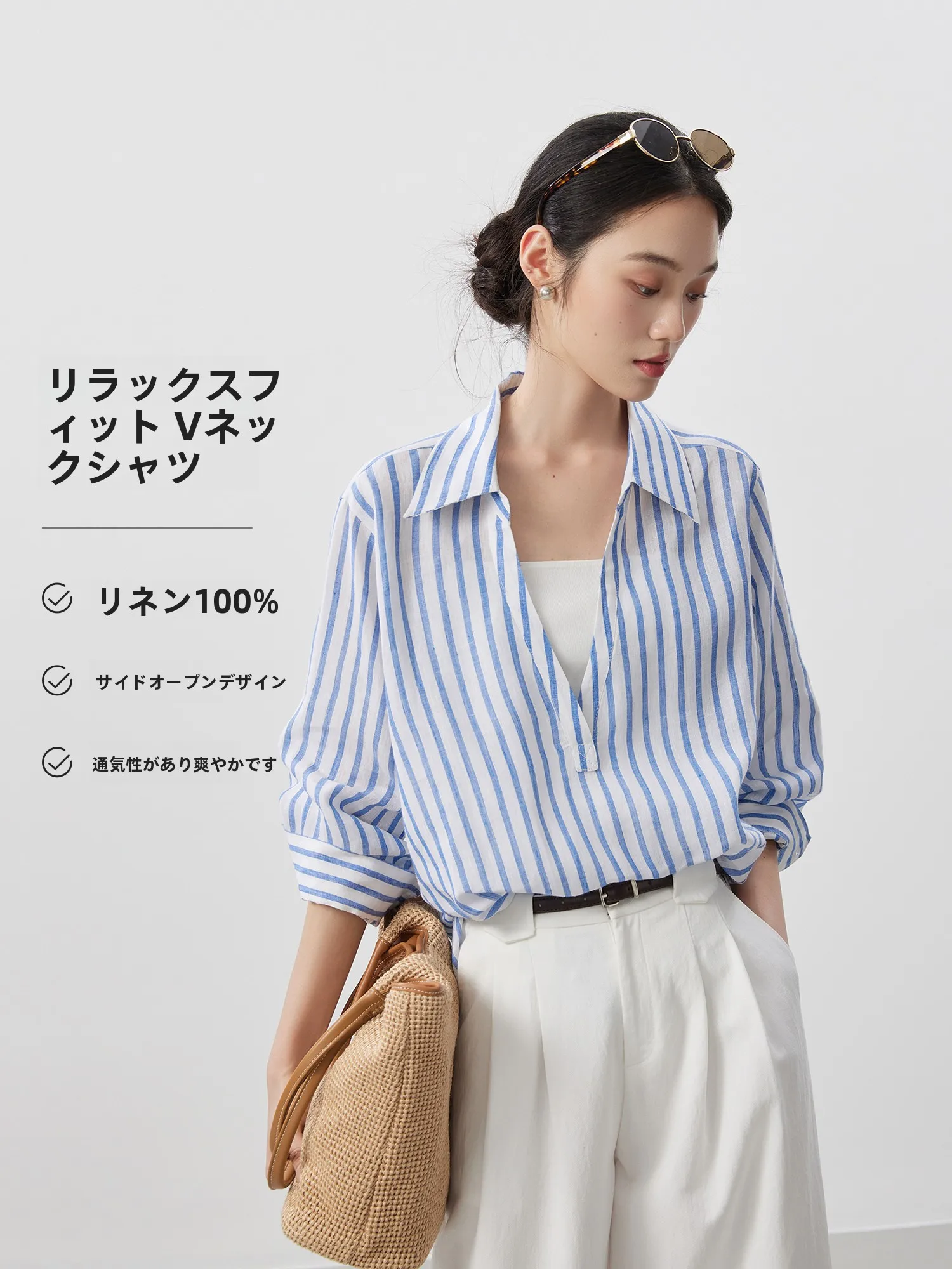 

Женская льняная рубашка свободного кроя в морском стиле с глубоким V-образным вырезом, новинка весна-лето, модная рубашка для прогулок в стиле «морской бриз»