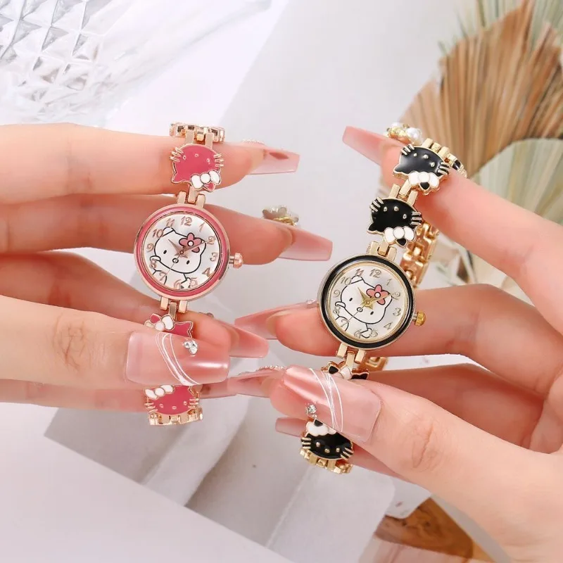 New Sanrio Kitty Fashion Watch Kawaii Cute Temperament Children Bracelet Steel Band Watch Ladie Student Electronic Quartz Watch