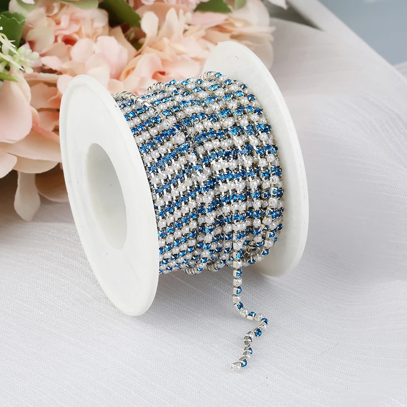 PEESOM SS6 2mm Sliver Pearl Rhinestone Cup Chain Trim Dense Glass Colorful Sewing Rhinestone Crystal Pearl Chain for DIY Crafts