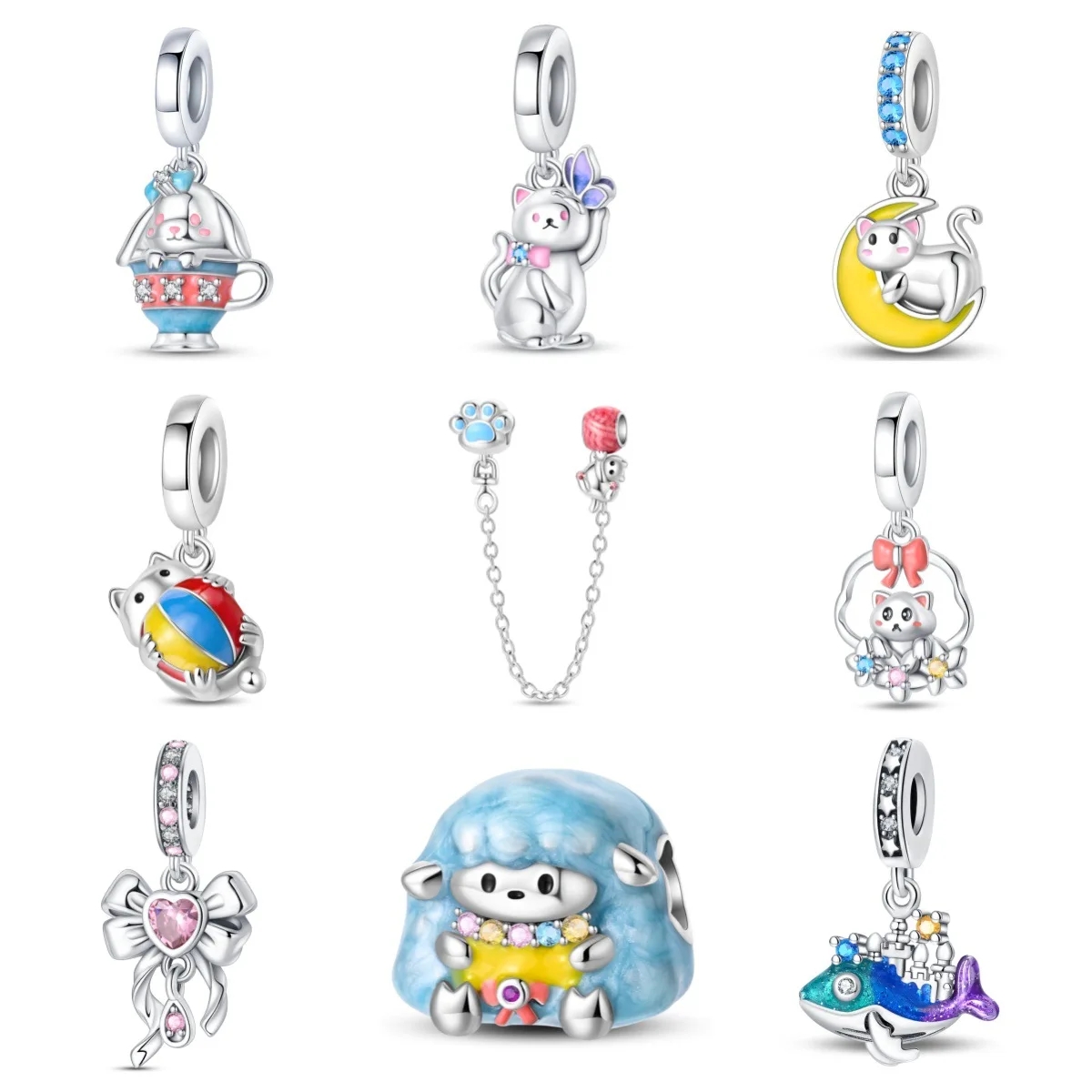 

High-quality Ladies' Silver Moon Cat Air Volleyball Coffee Charm Pendant Beads DIY Light Luxury Bracelet Accessories