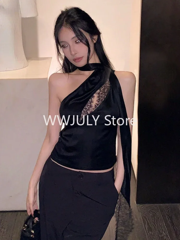 2000s Irregular Korean Fashion Tanks Spicy Girls Sleeveless Lace Camisole Woman Pure Color Sexy Slim Y2k Crop Tops Chic