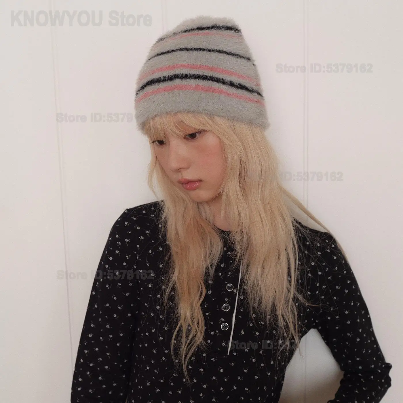 Autumn Winter Unisex Warm Knitted Hat Neutral Style Versatile Daily Outdoor Headwear Women Faux Mink Fur Striped Knit Beanie
