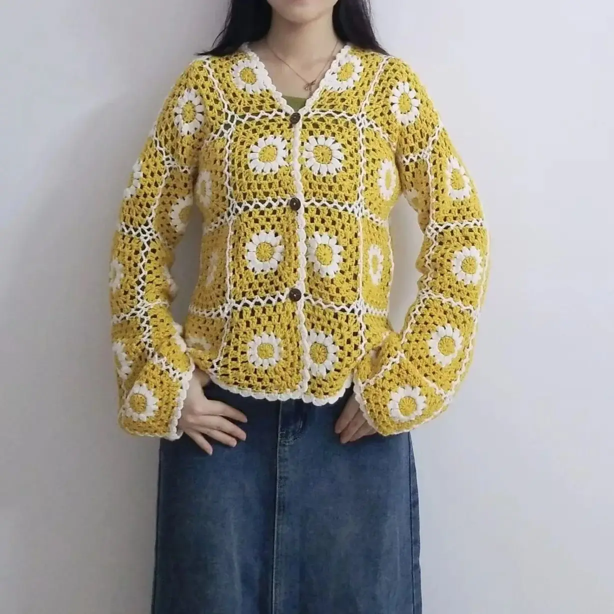 TIYIHAILEY Free Shipping Knitting  Single Breasted Coat Women Hand Made Yellow Outerwear Full Sleeve Flower Custom Made Cardigan