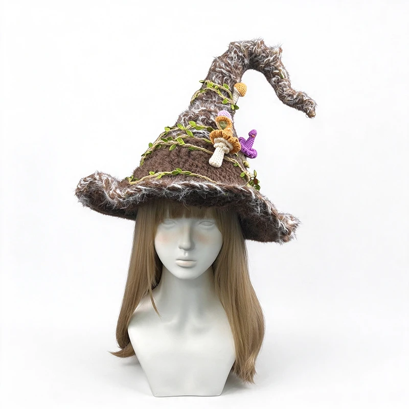 Handmade Brown Wizard Witch Hat Women Custom Crochet Plush Mushroom Knit Pixie Beanie Men Cosplay Festival Funny Unisex Cap Boy