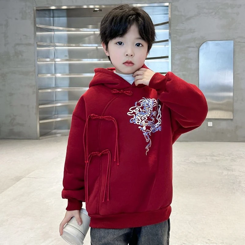 2026 Boys Fleece Lined Hoodie Winter Warm Pullover Sweatshirt Kids Casual Hooded Top