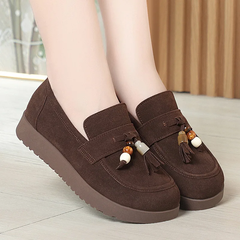 

All Match Retro Elegant Women's Shoes Comfortable Tassel Beads Suede Loafers Women Flats 2025 Autumn Flat Platform Shoes Mom