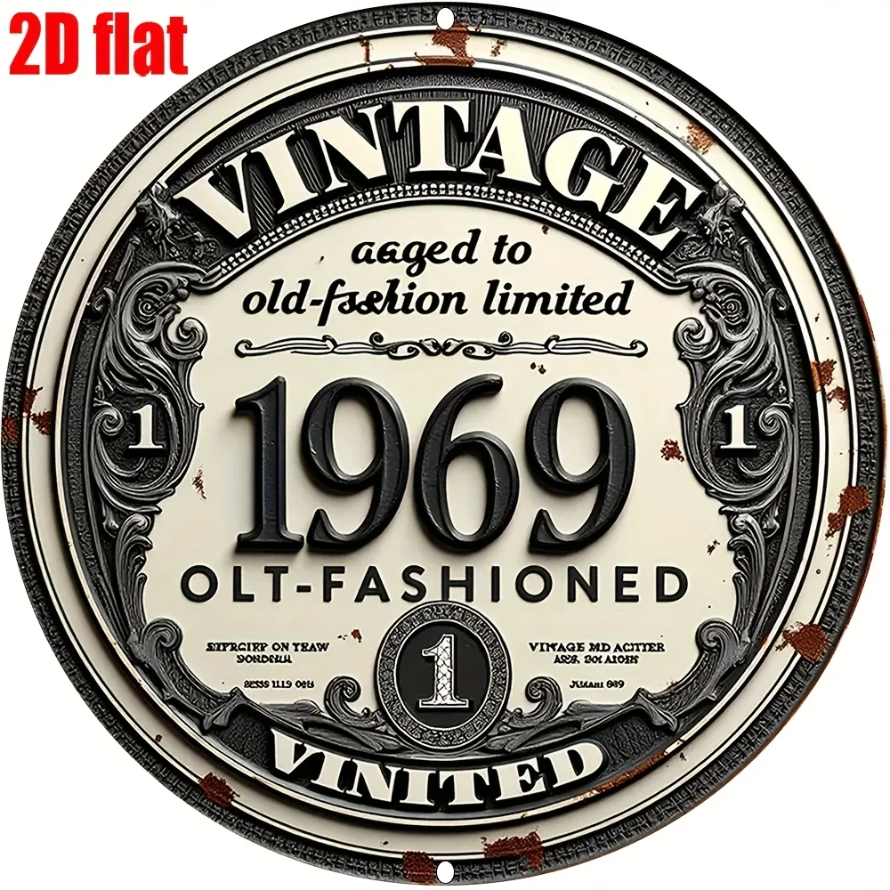 2D Flat, 2D Flat Vintage 1969 Aluminum Wall Plaque Vintage UV Printed Metal Hanging Board, Limited Edition Distressed Design