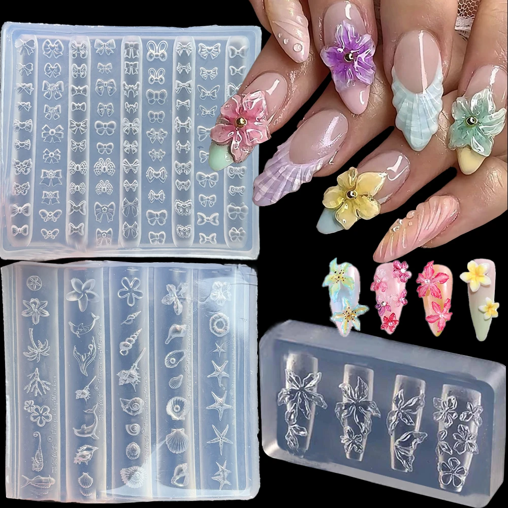 3D Kawaii Cartoon Bow Flower Nail Carving Mold Sticker Silicone Nail Art Molds Lace Bowknot Shell Nails Stencils Decals for DIY#