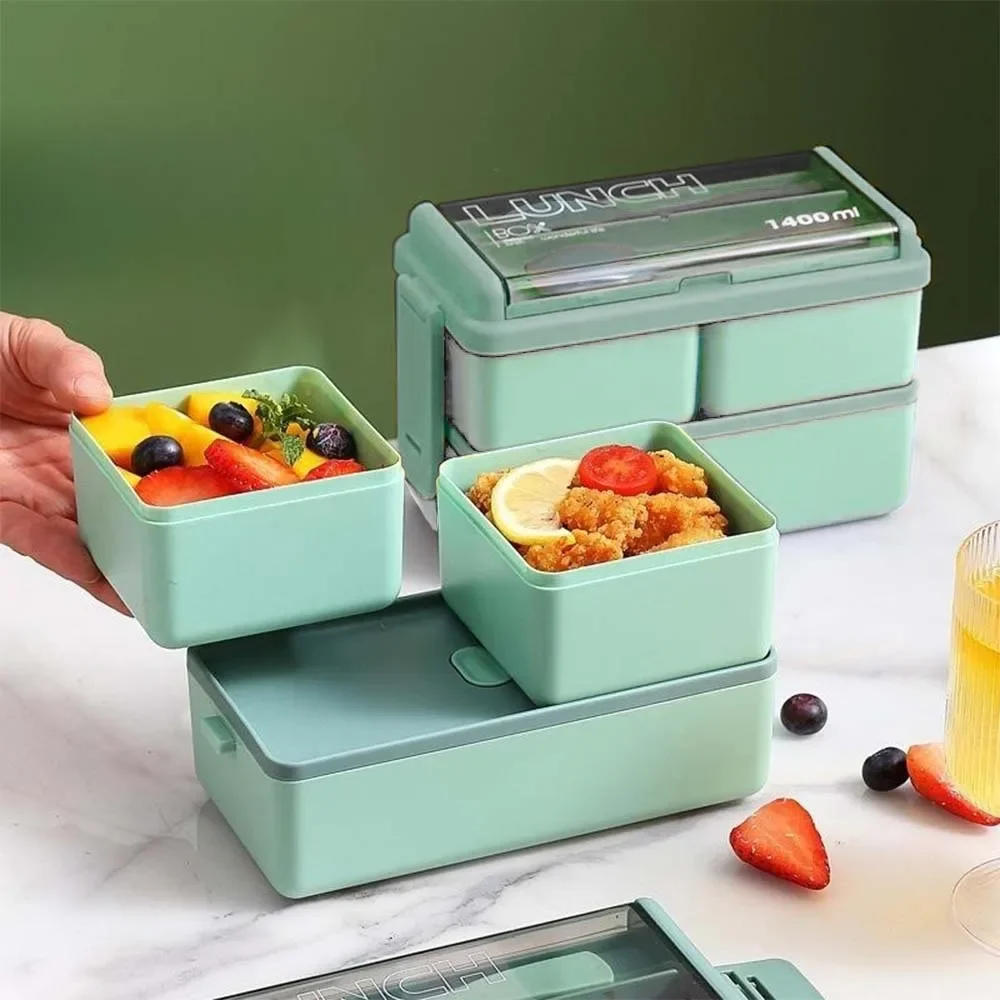 1400ml/47oz double-layer lunch box, matching tableware, microwave heatable lunch box, suitable for students, office, camping