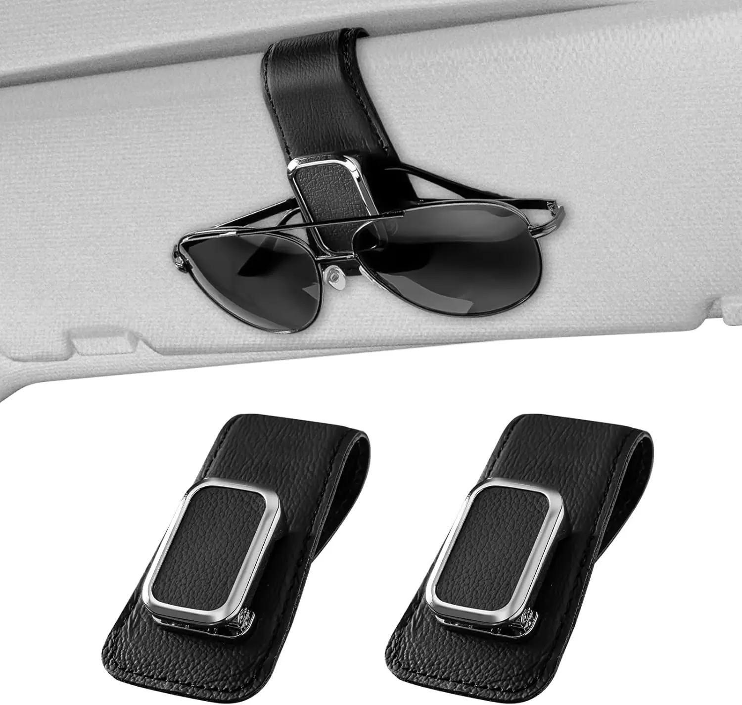 

One-Handed Leather Sunglasses Holder for Car Visor, 2Pack Sturdy Eyeglass Clip & Ticket Card Organizer (Black)