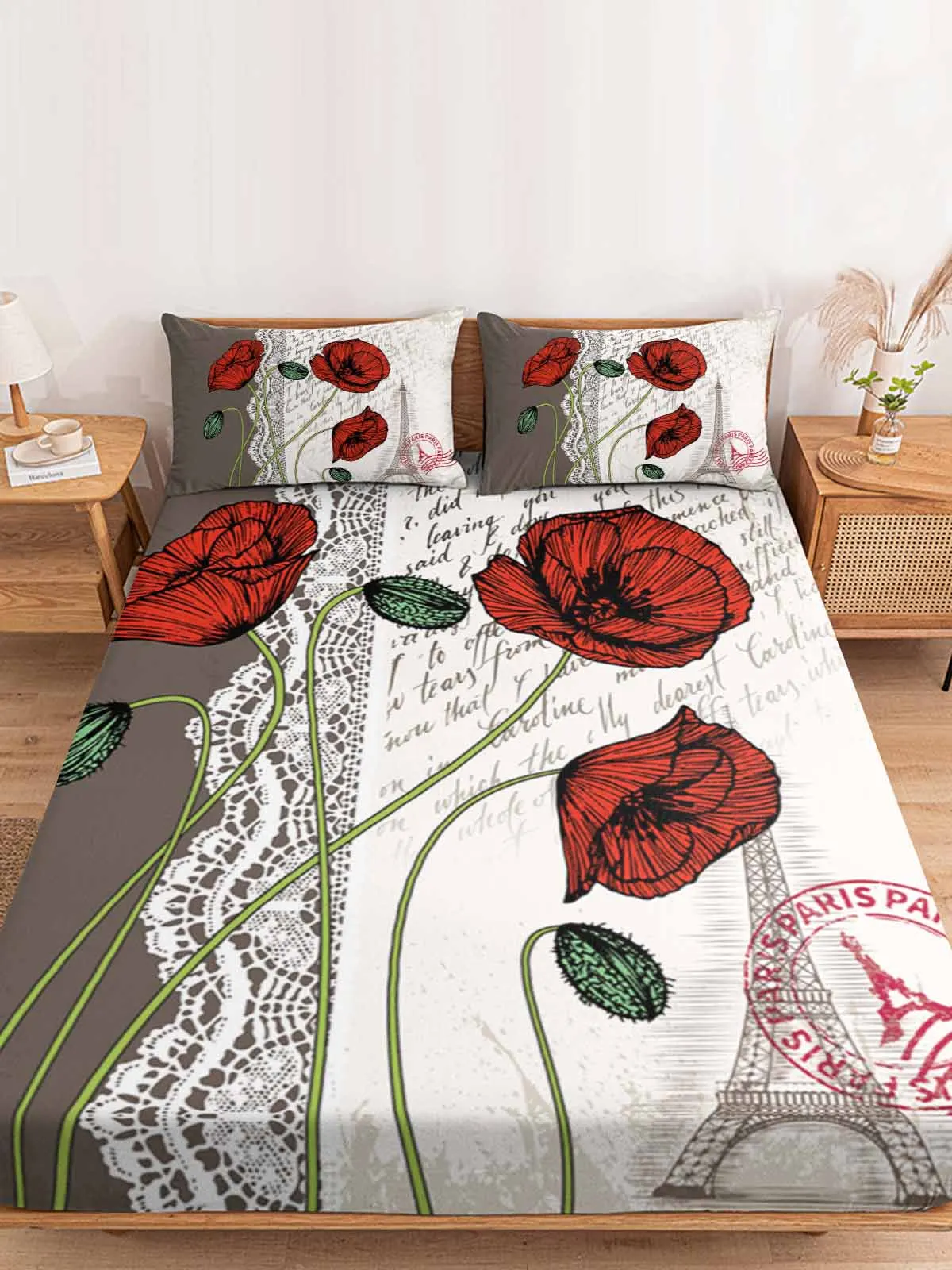 Poppy Flower Love Letter Queen Size Bed Mattress Fitted sheet Elastic Rubber Band Non-slip Bed Sheet Pillowcase Set