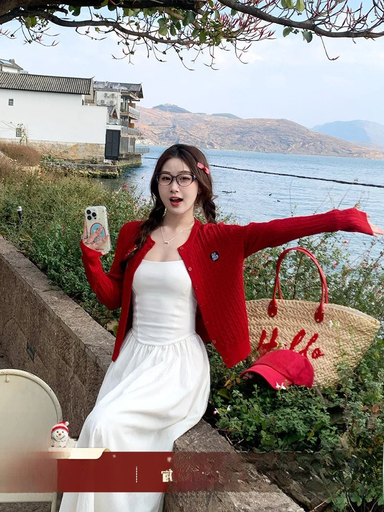 

Red Knitted Ice Silk Thin Cardigan Women's Summer Spring Ultra ular Loose Fit Long Sve round Ne Button up Top