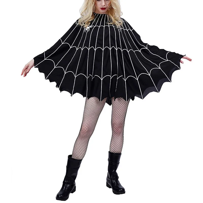 

Women Halloween Cloak Gothic Spider Web Poncho Cape Shawl for Cosplay Stage Performance Party Female Goth Black Pullovers Tops