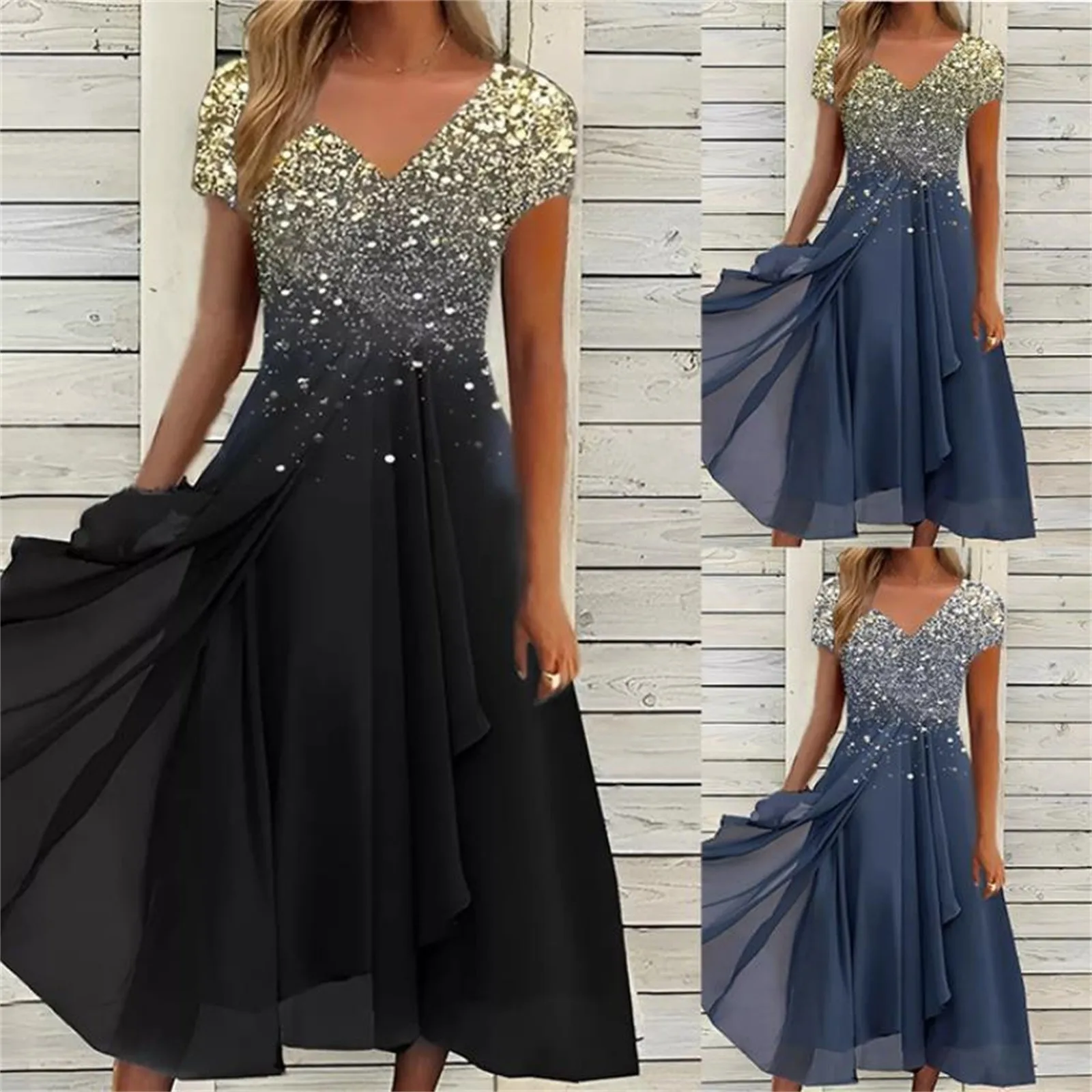 

Loose Versatile V Neck Short Sleeve Dress Summer Women's Fashion Print Urban Casual Dress Chiffon Patchwork Irregular Hem Dress