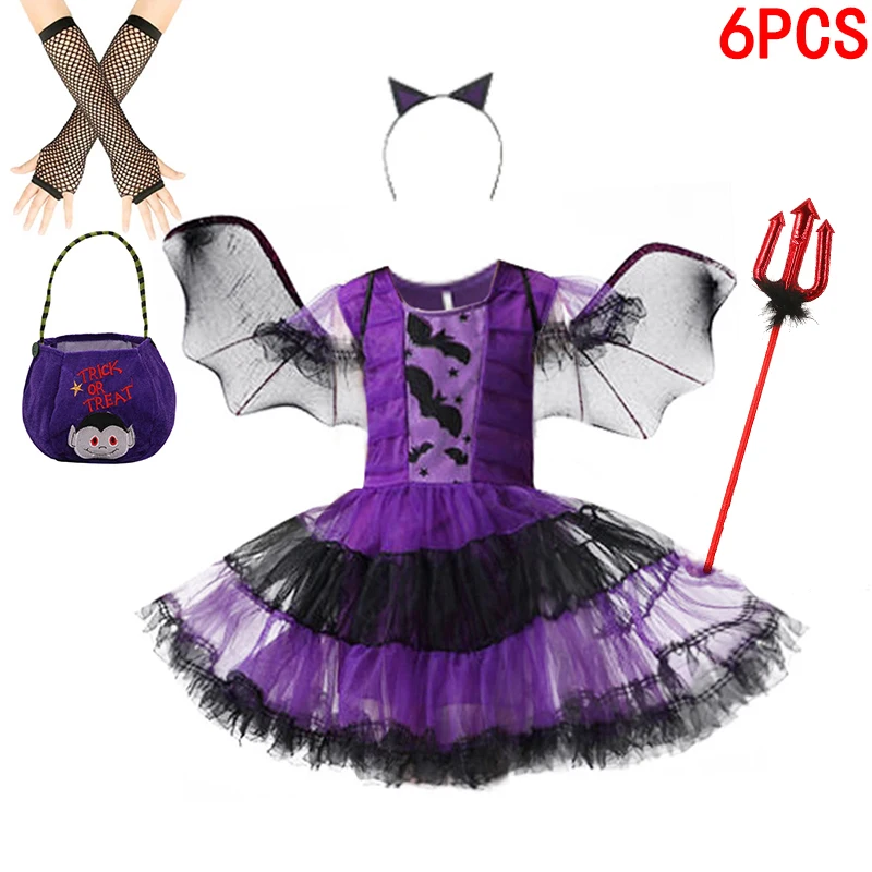 Halloween Girls Purple Bat Dress Kids Fancy Cosplay Vampire Demon Costume With Wing Headwear Carnival Witch Role Play Clothes