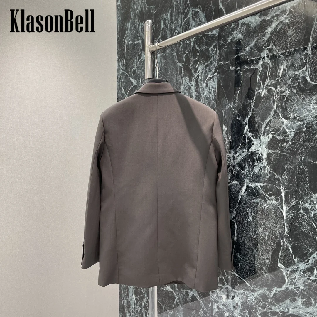 9.7 KlasonBell Women 2024 Autumn New Label Double Breasted Long Blazer Simple Shoulder Pads Cuff Button Retro Loose Coat