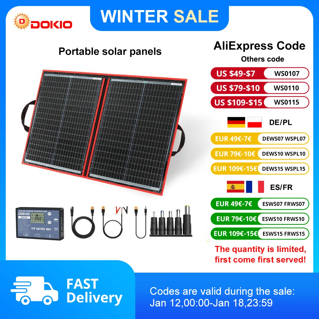 Dokio-Panneau solaire portable et pliable, 18V, 100/160/200/300 W, avec contrôleur 12V pour charger la batterie, adapté au camping