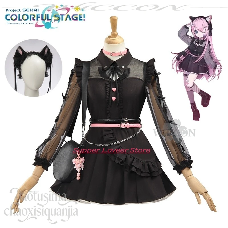 

Cat Loving Luuka Cosplay Anime Game Project Sekai New Event Suit Black Pink Lace Dress Goth Lolita Cat Earwear Bag W
