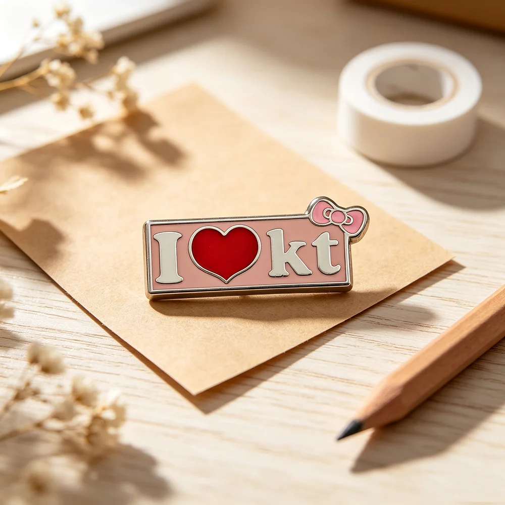 Niedliche Emaille-Pins „I Love KT“-Broschen, rosa Schleife, rotes Herz, Metall-Abzeichen, Anstecknadel für Rucksack, Jeansjacke, Geschenk – Detail 14