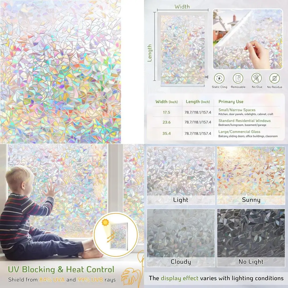 Decorative 3D Stained Glass Static Cling, Privacy Window Film, UV Blocking, Removable Vinyl, 35.4 x 157.4