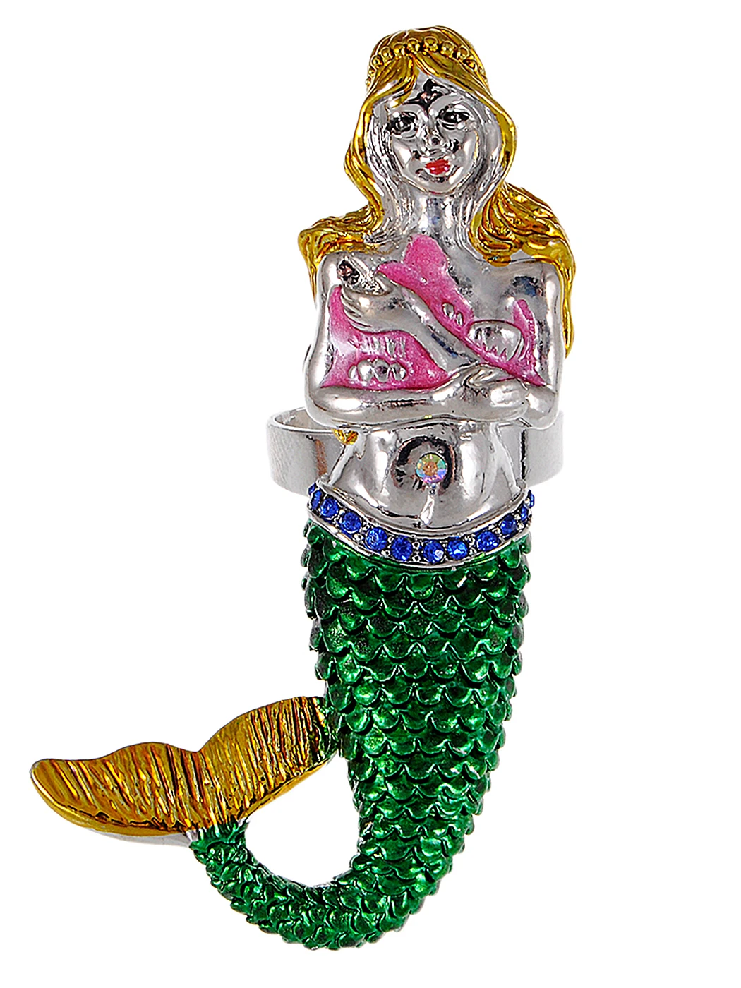 Mermaid Meisje Roze Groen Emaille Oceaan Neon Ariel Geschilderd Verstelbare Ring