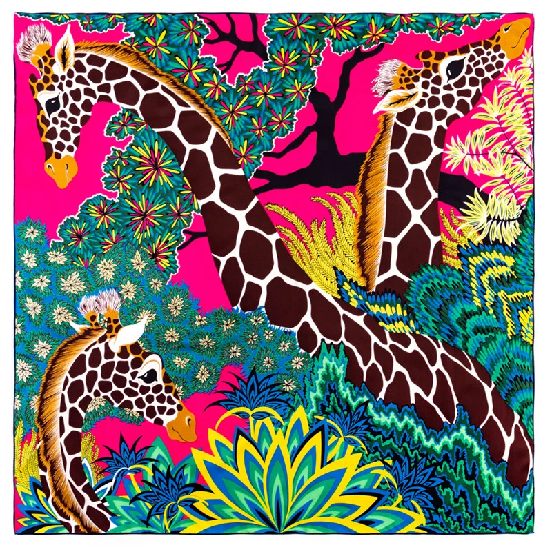 90CM Giraffe Print Twill Silk Rolled Square Scarf Women Shawl Brand Hijab Scarf Design Bandana Hand Curled Hem Head Scarves