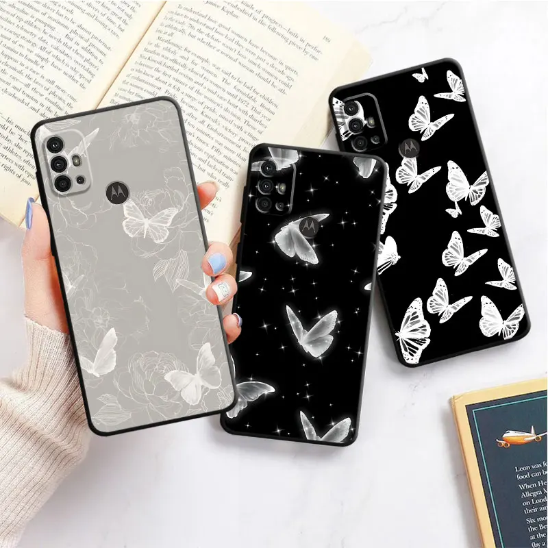 Phone Case for Motorola Moto G60 G50 G71 G72 G31 G30 G73 G60s G22 G51 G52 G53 G32 Cover Black Soft Luxury Retro Black Butterfly