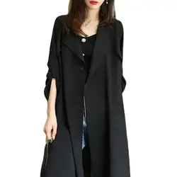 2024 New Spring Autumn Black Windbreaker Women's Cardigan Coat Thin Windbreaker Long Fashion Trench Coat Waistband Outwear