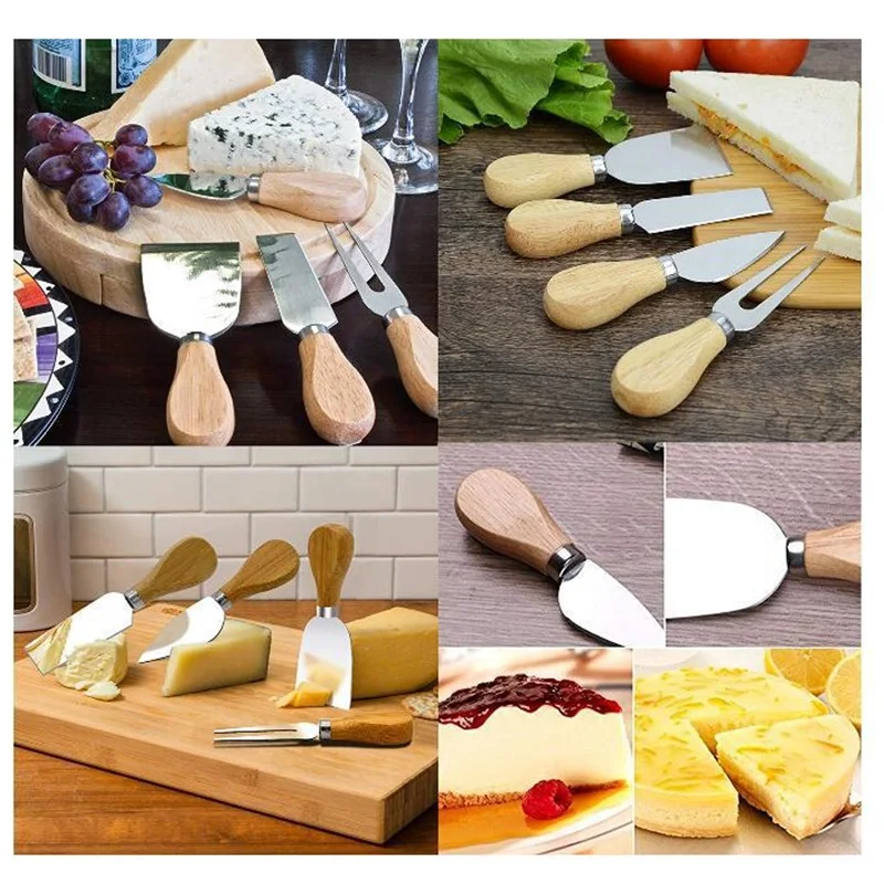 4pcs/set Wood Handle Knife Sets Bamboo Cheese Cutter Slicer Kitchen Cheedse Stainless Steel Knife Kitchen Cooking Accessories