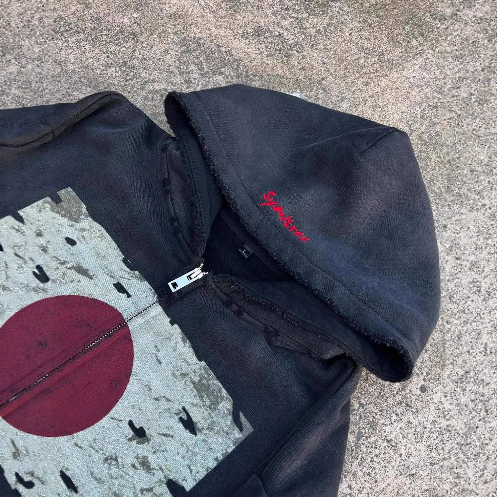 تصميم العلم الوطني الجديد لخريف وشتاء 2025 Y2K Harajuku سترة بقلنسوة بسحاب على طراز الشارع القديم هاي ستريت.