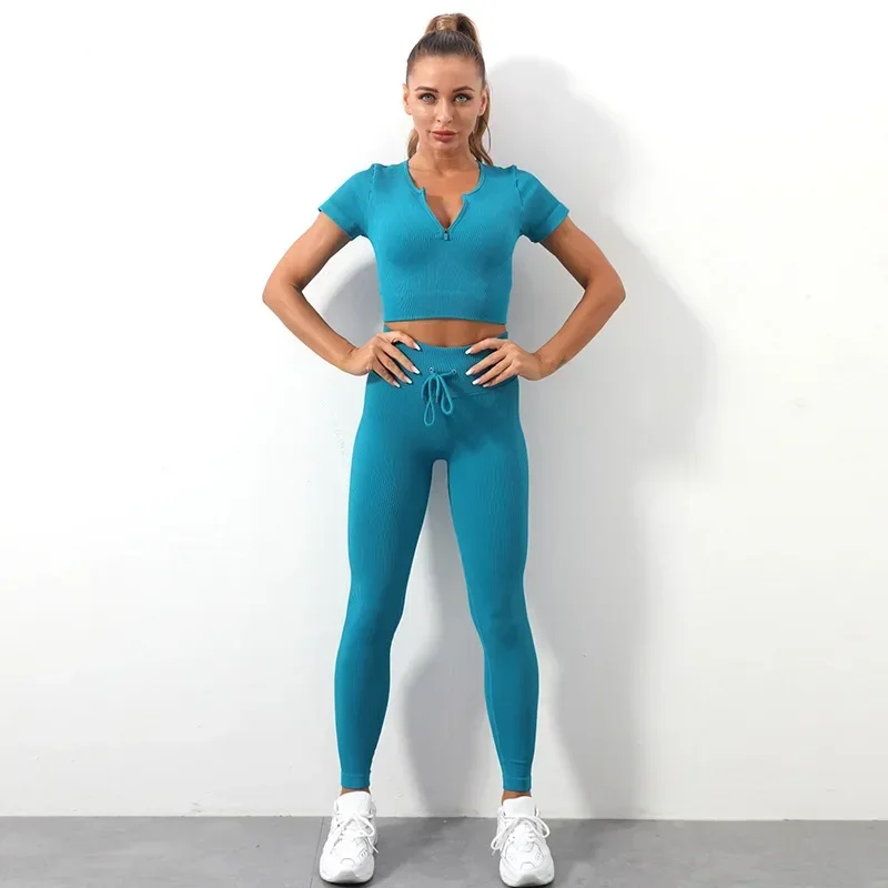 

Seamless Thread Yoga Set Sports Fitness High Waist Hip Raise Pants Short-sleeved Suit Workout Clothes Gym Leggings Set for Women