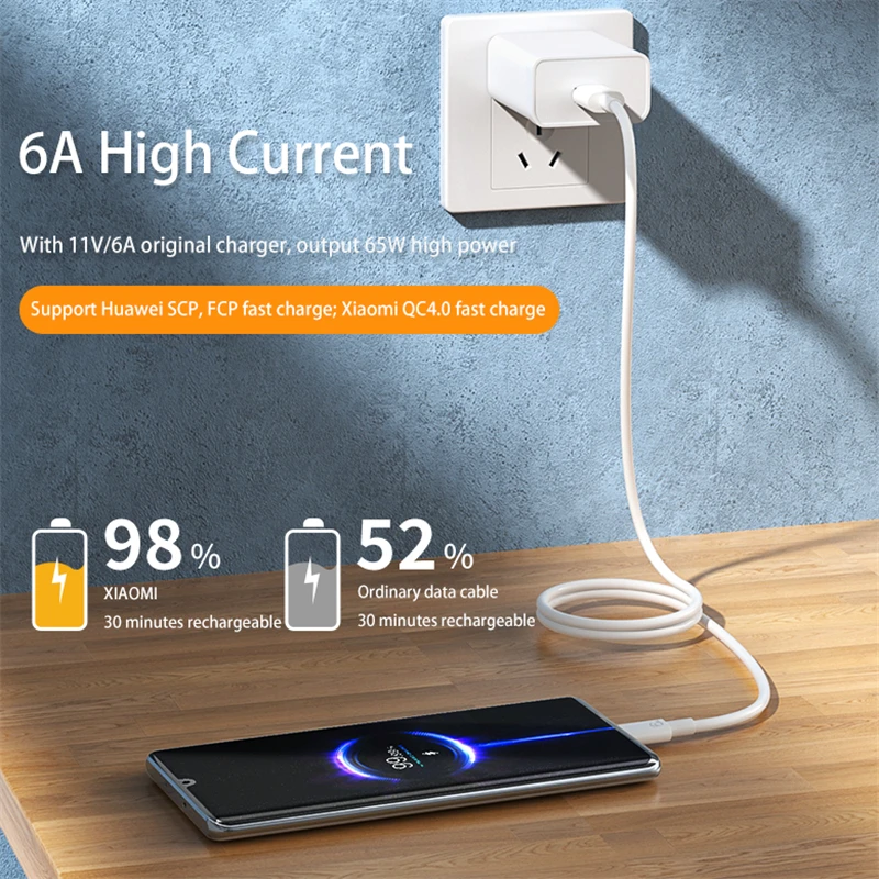 6A Super Fast Charging Type-C USB Cable for Huawei Honor Xiaomi Redmi OPPO VIVO realme iQOO Android USB-C Quick Charger Cable 2m