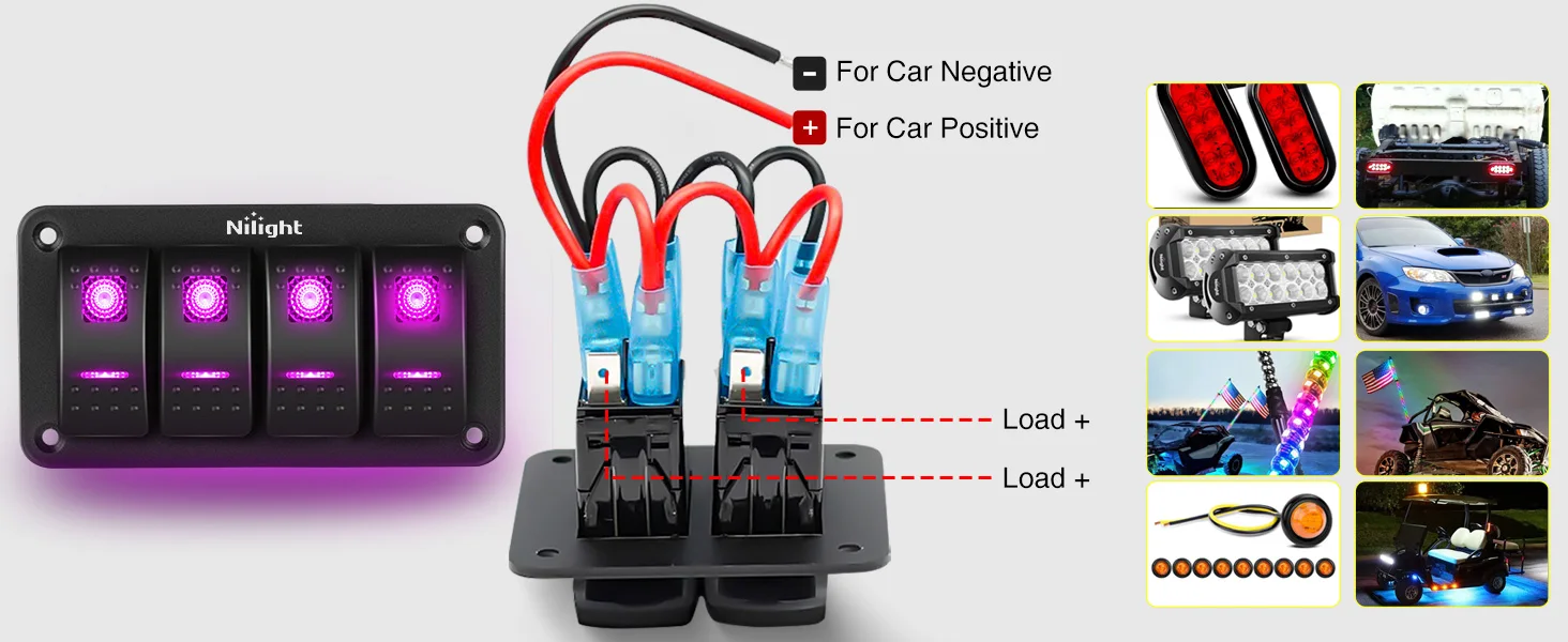 Nilight 4 Gang Rocker Switch Panel with Purple LED Light 5 Pin On Off Pre-Wired Aluminum Toggle Switches Waterproof for 12V/24V Cars Marine Boats ATVs Trailers RV Trucks