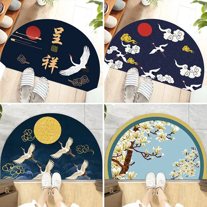 Chinese Semi-circular Floor Mats Japanese Style Crane Printed Door Entrance Non-slip Floor Mats Balcony Carpet Hallway Porch Rug