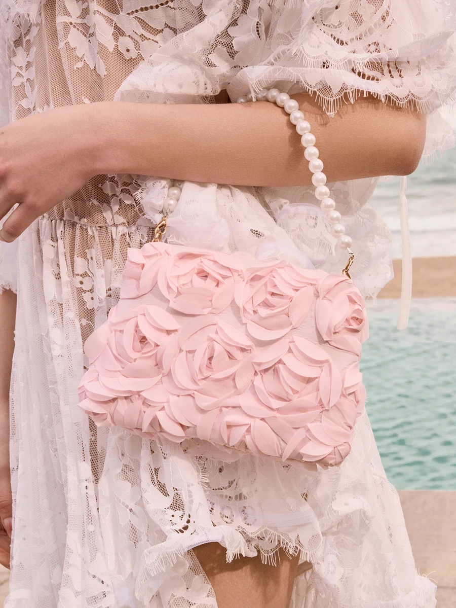 

Elegant 3D Rose Flower Handbag, faux pearl metal chain crossbody bag, lightweight floral bag for wedding party gift.