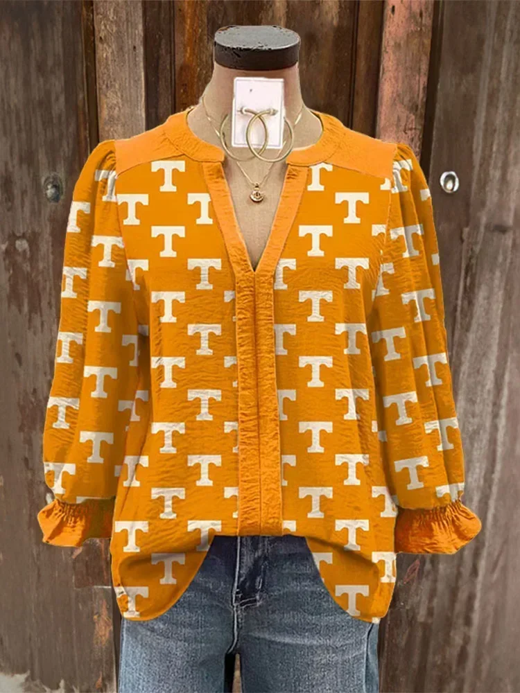 Tennessee Letter Print Pleated V-neck Puff Sleeve Top asual Long Sleeve Blouses Fashion Pullover