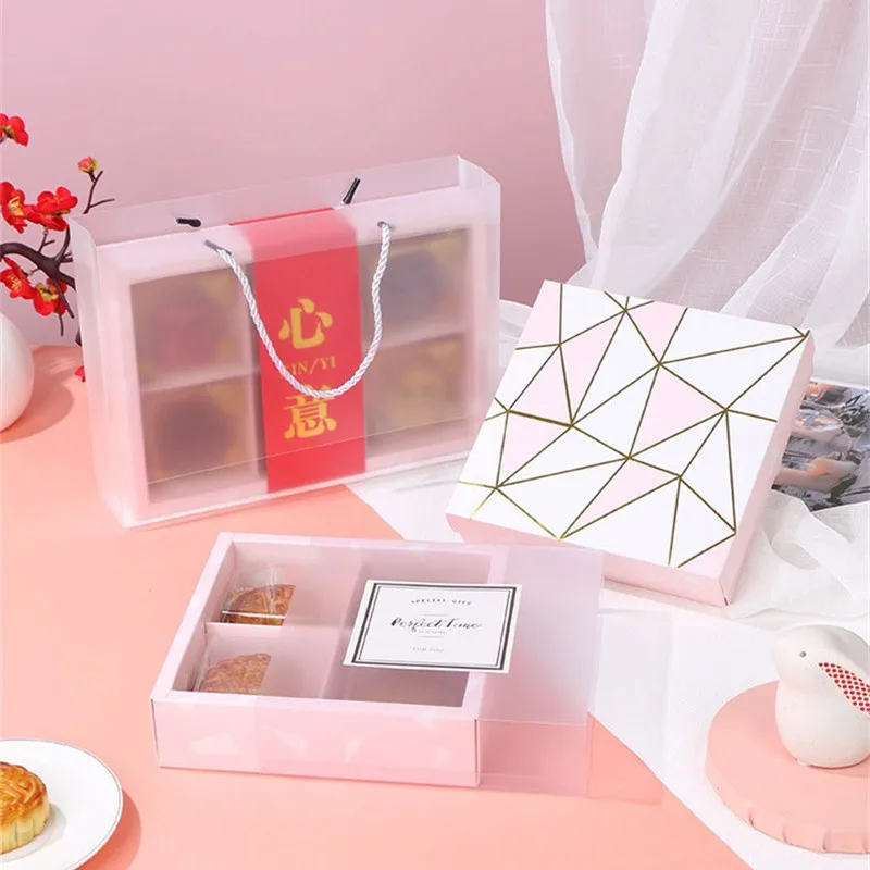 

5Pcs 2/4/6 Grid Pink Geometric Frosted Cover Egg Yolk Pastry Packaging Box Mid Autumn Festival Mooncake Case