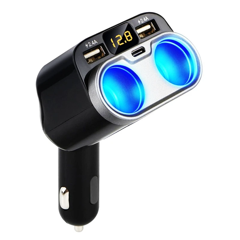 Car Charger 2 Sockets Cigarette-Lighter Splitter 12/24V USB Type-C Ports Separate Switch LED For Cell Phone GPS Dash Cam