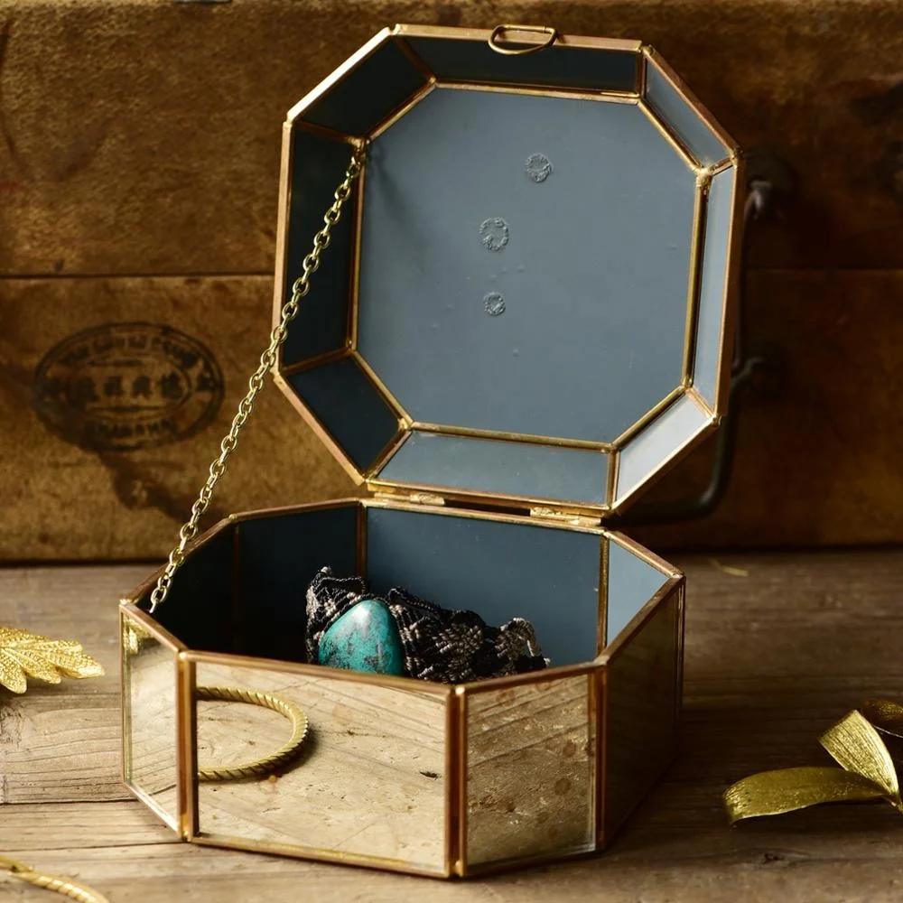 

Jewelry Boxes Translucent Mirrored Glass Distressed Gold Speckles Brass Frames Trinket Holder Keepsake Storage Organizer