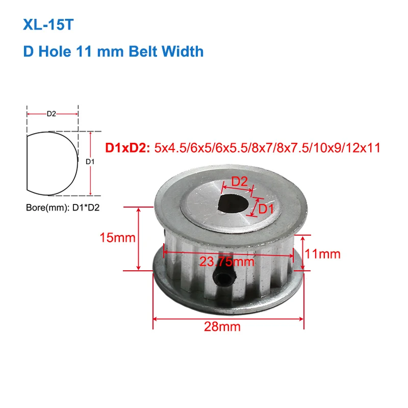 XL-15T Timing Pulley 5x4.5mm/6x5mm/6x5.5mm/8x7mm/8x7.5mm/10x9mm/12x11mm Bore 11/16mm Belt Width Teeth Pitch 5.08mm D Hole