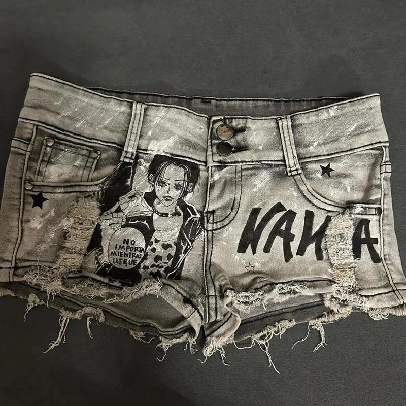 

Y2K Punk Denim Short Women Vintage Streetwear Hole Hip Hop Shorts Summer Sexy Gothic Low Waist Tassels Anime Short Pants